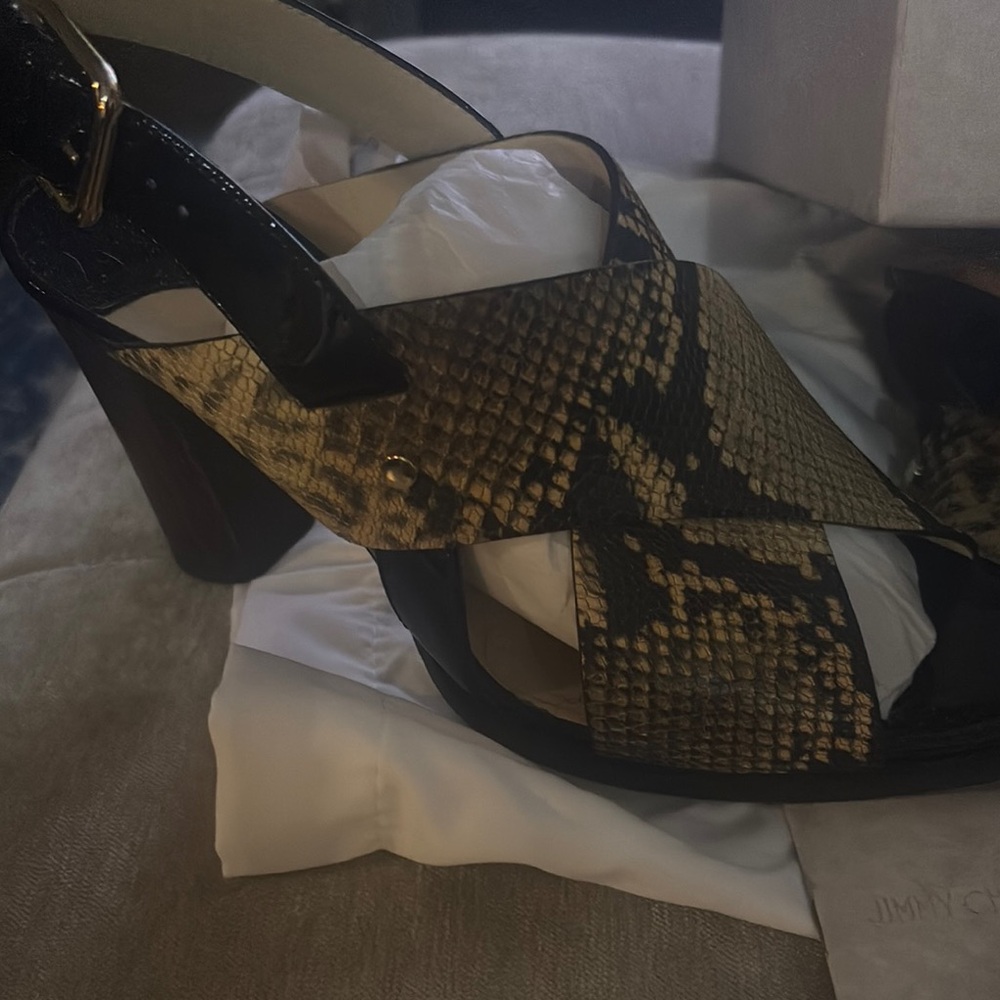 Jimmy Choo Black and Tan Snake Print Women's Sandals